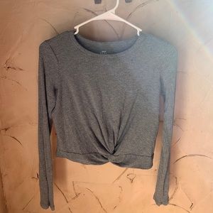 soft, gray, ribbed, long sleeve, front knot top